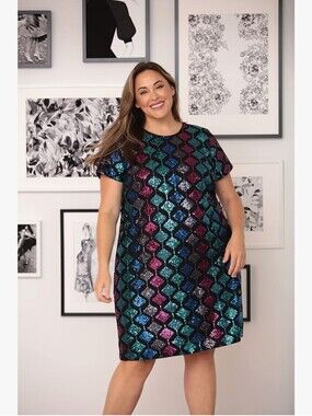 London Times Plus Size 20 NEW Black Dress with Teal and Fuchsia Sequins